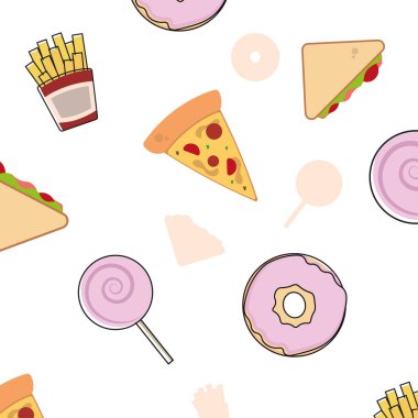 Pizza ve patates kızartması. Vektör illüstrasyonu.