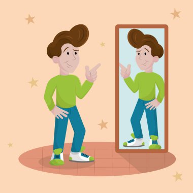 Aynada kendine güvenen bir adam. Vektör illüstrasyonu