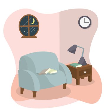 İzole edilmiş oturma odası gece hygge stili çizim çizimi