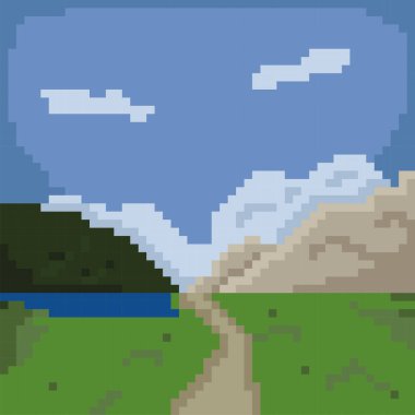 İzole edilmiş vadi manzarası pikseli bilgisayar illüstrasyonu