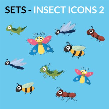 Böcek çizgi film ikonu paketi. Vektör illüstrasyonu