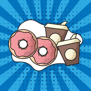 Donut ve pop tarzı kahve. Vektör illüstrasyonu