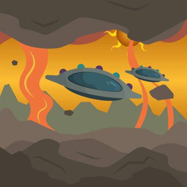 UFO 'ların olduğu lav dünyası. Vektör illüstrasyonu
