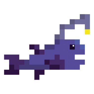 İzole edilmiş renkli pikselli balık simgesi vektör illüstrasyonu