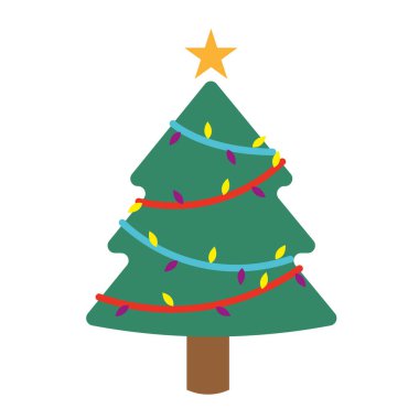 Renkli süslerle süslenmiş basit bir Noel ağacı ve üstünde bir yıldız, Vektör illüstrasyonu