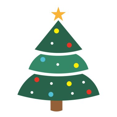 Renkli süslerle süslenmiş basit bir Noel ağacı ve üstünde bir yıldız, Vektör illüstrasyonu