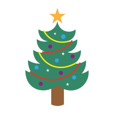 Renkli süslerle süslenmiş basit bir Noel ağacı ve üstünde bir yıldız, Vektör illüstrasyonu