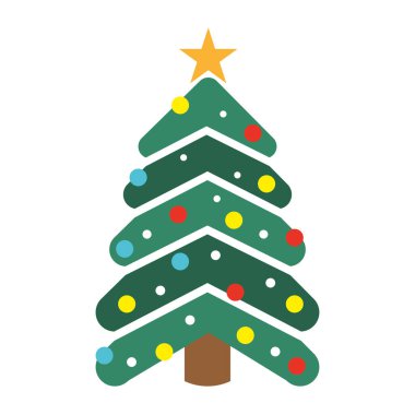 Renkli süslerle süslenmiş basit bir Noel ağacı ve üstünde bir yıldız, Vektör illüstrasyonu