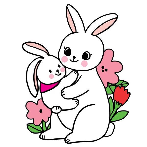 Cartone Animato Carino Mamma Bambino Coniglio Fiore Vettore — Vettoriale Stock