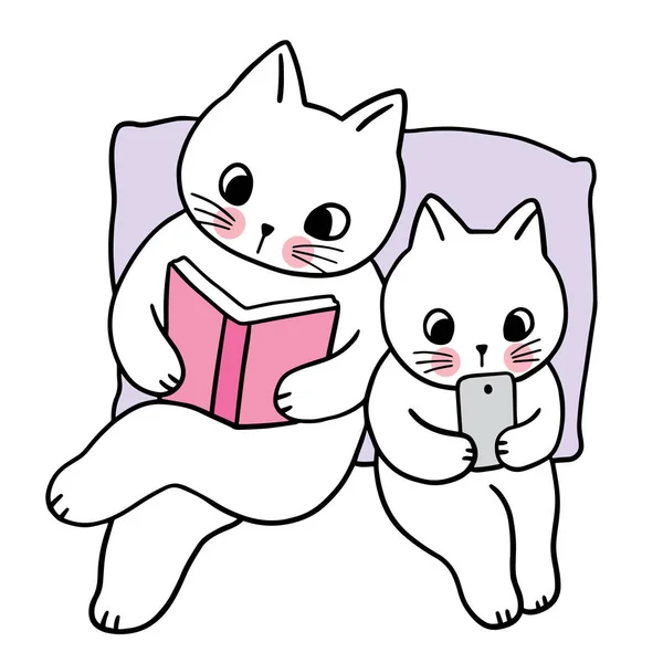Cartone Animato Carino Personaggio Bianco Gatto Libro Arrossamento Giocare Smart — Vettoriale Stock