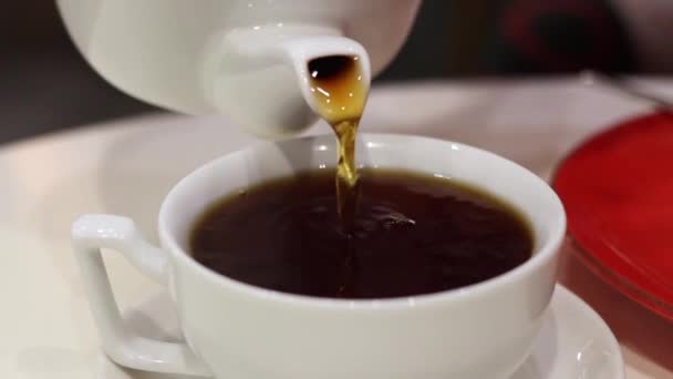 Pouring Hot Black Tea White Porcelain Cup Slow Motion Freshly — Stockvideo
