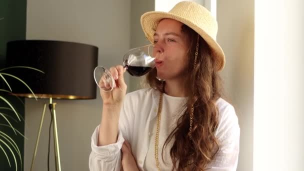 Mulher Morena Bonita Bebendo Vinho Tinto Vinho Desfrutando Tempo Descanso — Vídeo de Stock