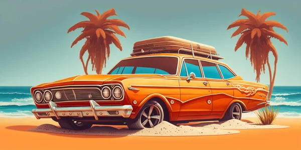 海の砂浜で70年代 80年代のレトロなヴィンテージスタイルの車 おしゃれなポスターシンプルなグラフィック古いスタイルのオレンジレースカーとヤシの木 — ストック写真