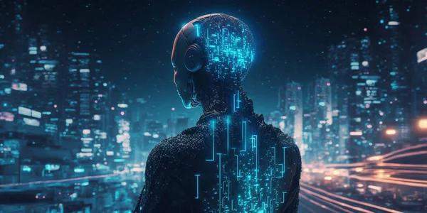 Artificial intelligence concept. Virtual human robot looking at metropolis. Big data visualization. Futuristic cyber mind aesthetic design. Machine learning. 3D rendering.