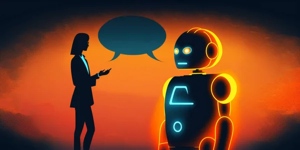 Turuncu arka planda sohbet robotuyla konuşan bir kadın. Yapay zeka. AI ve IOT konsepti. Müşteri desteği, diyalog yardım servisi. Mesajla sanal asistanla sohbet et. Görüntü.