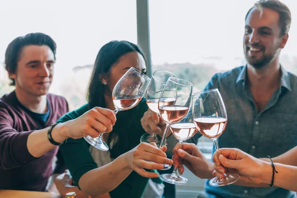 Happy People Cheering Clinking Together Glasses Rose Wine Imagen de stock