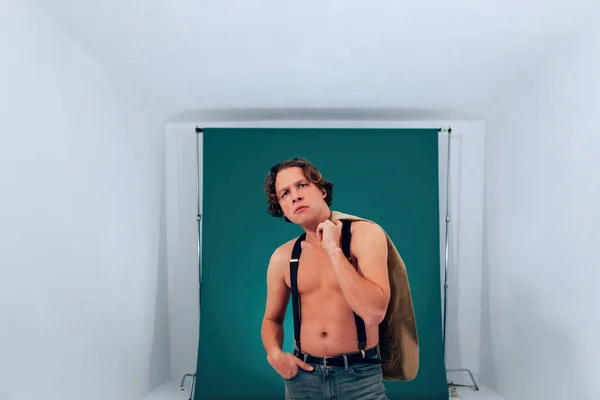 Studio Portrait Shirtless Man Seen Acting Grey Key Background Young Imagini stoc fără drepturi de autor