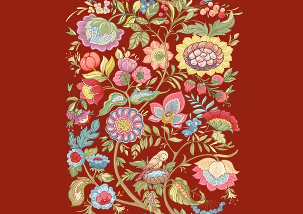 Fantasy Flowers Retro Vintage Jacobean Embroidery Style Seamless Pattern Background — Stock Vector