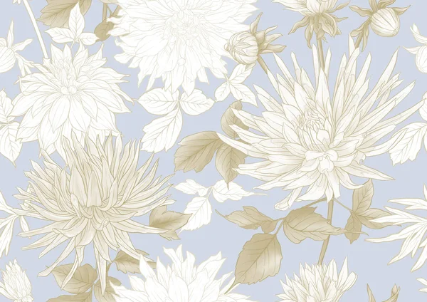 Dahlias Flowers Outline Coloured Style Seamless Pattern Background Vector Illustration — Image vectorielle