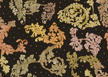 Dekoratif çiçekler ve yapraklar sanat tarzında yeni moda, eski, barok tarzında. Kusursuz desen, arka plan. Vektör illüstrasyonu.