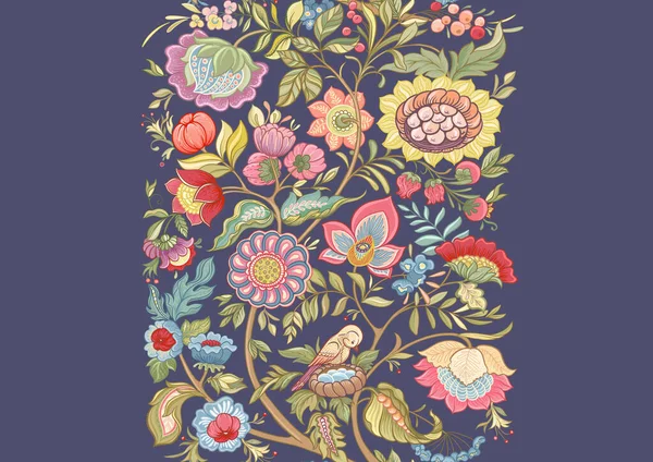 stock vector Fantasy flowers in retro, vintage, jacobean embroidery style. Seamless pattern, background. Vector illustration. Multicolor on blue background.