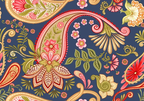 Fantasy Flowers Retro Vintage Jacobean Embroidery Style Paisley Seamless Pattern — Vetor de Stock
