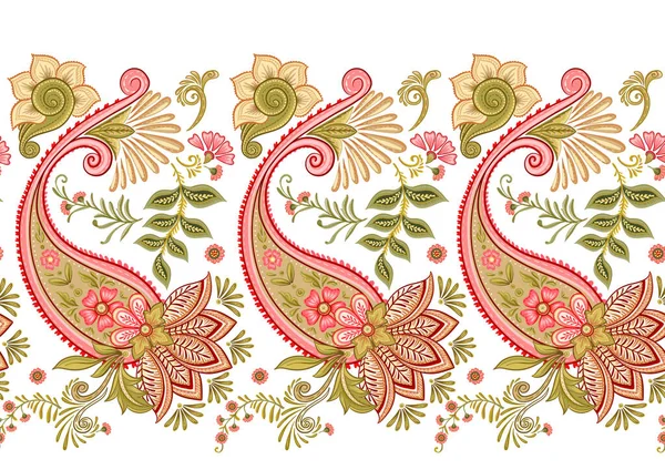 レトロ ヴィンテージ ジャコビアン刺繍スタイルのファンタジー花 ペイズリーシームレスなパターン ベクターイラスト — ストックベクタ