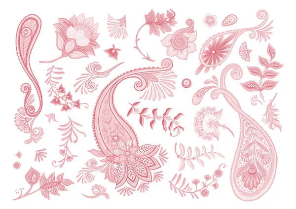 Fantasy Flowers Paisley Retro Vintage Jacobean Embroidery Style Elements Motif — Stok Vektör