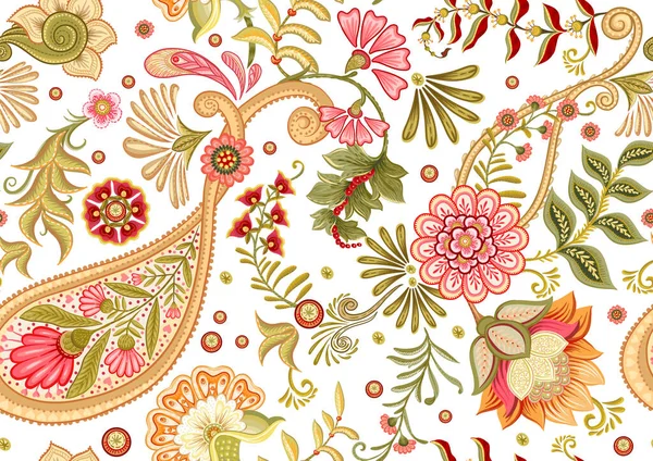 Fantasy Flowers Retro Vintage Jacobean Embroidery Style Paisley Seamless Pattern — Stock Vector