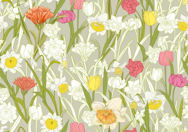 White Daffodils Tulips Flowers Early Spring Flowers Seamless Pattern Background — Stockvektor