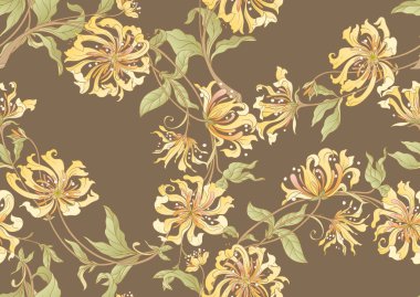 Dekoratif çiçekler ve yapraklar sanat tarzında yeni moda, eski, eski moda. Kusursuz desen, arka plan. Vektör illüstrasyonu.