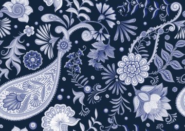 Fantasy flowers in retro, vintage, jacobean embroidery style. Paisley seamless pattern, background. Vector illustration on blue background.