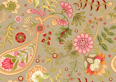 Fantasy flowers in retro, vintage, jacobean embroidery style. Paisley seamless pattern, background. Vector illustration on kraft paper background.
