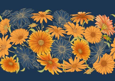 Calendula şifalı bitkiler ve çiçekler dikişsiz desen, arka plan. Vektör illüstrasyonu.