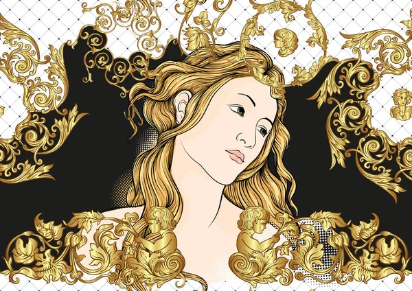 Porträtt Kvinna Inspirerad Målning Renässanskonstnären Botticelli Sömlös Mönster Bakgrund Barock — Stock vektor