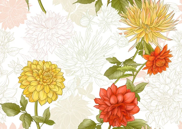 Цветы Dahlias Контур Цветной Стиль Бесшовный Узор Фон Векторная Иллюстрация — стоковый вектор
