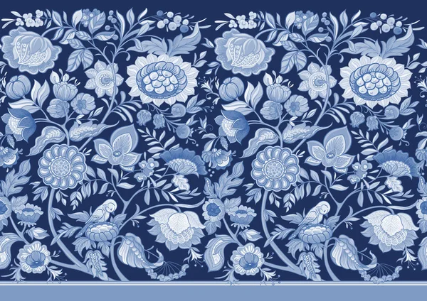 Fantasieblumen Retro Vintage Jacobean Stickereistil Nahtloses Muster Hintergrund Vektorillustration Blauen — Stockvektor