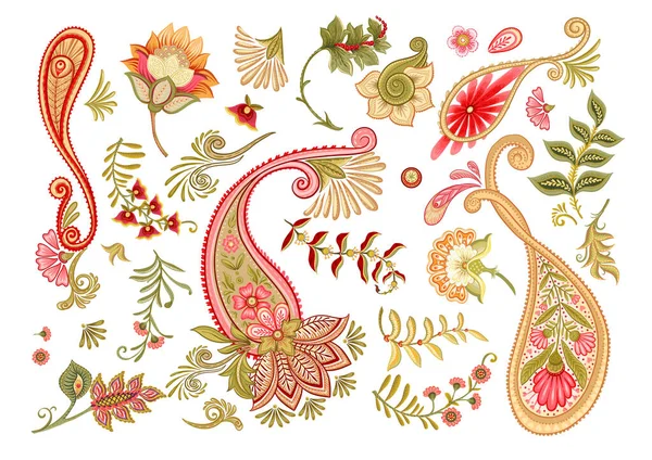 Fantasy Flowers Paisley Retro Vintage Jacobean Embroidery Style Elements Motif — Archivo Imágenes Vectoriales