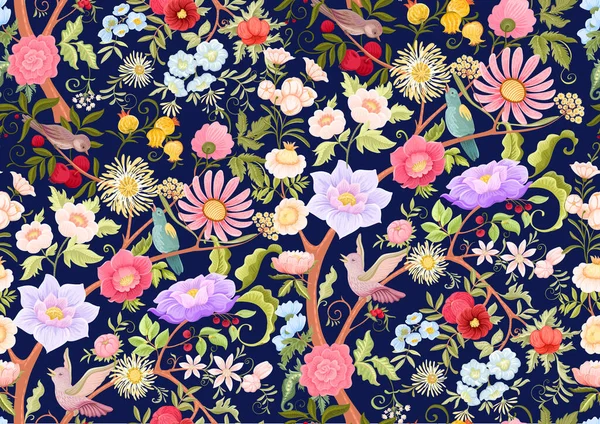 Fleurs Fantastiques Oiseaux Dans Style Rétro Vintage Broderie Jacobean Motif — Image vectorielle