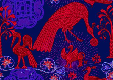 Hayvanların, kuşların, çiçeklerin ve bitkilerin geleneksel Bizans tarihi motifleri. Kırmızı ve mavi renklerde kusursuz desen. Vektör illüstrasyonu.