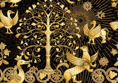 Hayvanların, kuşların, çiçeklerin ve bitkilerin geleneksel Bizans tarihi motifleri. Altın ve siyah renklerde kusursuz desen. Vektör illüstrasyonu.