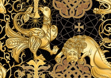 Byzantine traditional historical motifs of animals, birds, flowers and plants. Seamless pattern in gold and black colors. Vector illustration. clipart