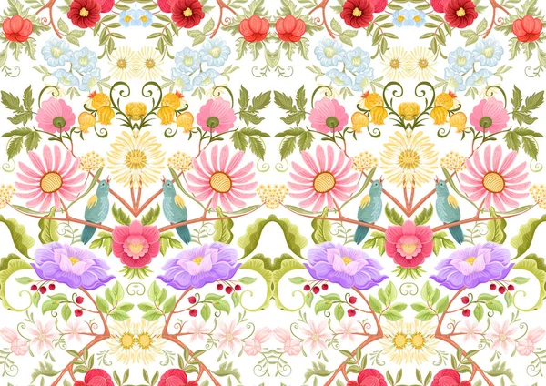 Цветы Птицы Стиле Ретро Винтаж Жакобес Millefleurs Seamless Pattern Basic — стоковый вектор