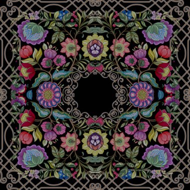 Eski moda fantezi çiçekleri, eski moda, jakoben nakış tarzı. Kusursuz desen, arka plan. Vektör çizimi. Siyah arkaplanda çok renkli.