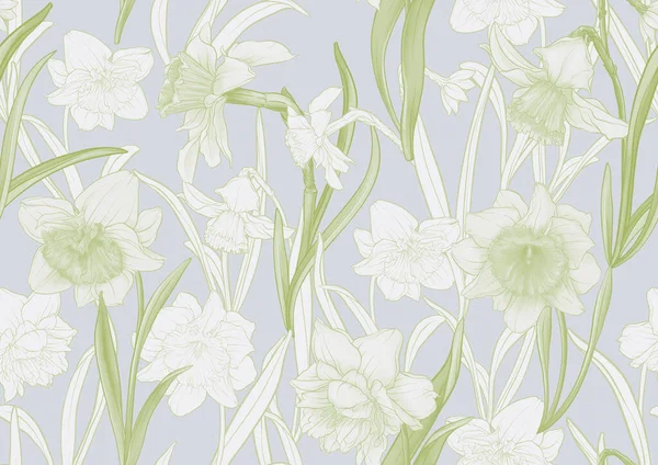 White Daffodils Tulips Flowers Early Spring Flowers Seamless Pattern Background — стоковый вектор