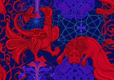 Hayvanların, kuşların, çiçeklerin ve bitkilerin geleneksel Bizans tarihi motifleri. Kırmızı ve mavi renklerde kusursuz desen. Vektör illüstrasyonu.