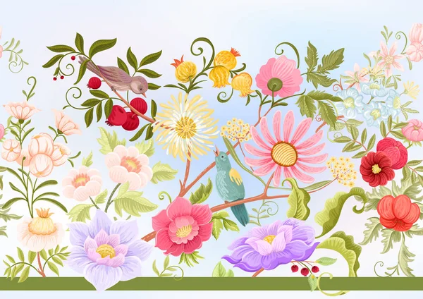 レトロ ヴィンテージ ジャコビアン刺繍スタイルのファンタジーの花や鳥 ミルフラーズのシームレスなパターン ベクトルイラスト — ストックベクタ