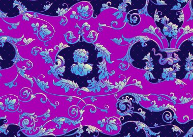 Kusursuz bir şablon, barok, rokoko, Victoria tarzı, rönesans tarzı. Moda Frolar Vintage modeli. Neon rengi vektör illüstrasyonunda