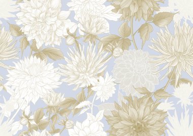 Dahlias flowers, outline and coloured style Seamless pattern, background. Vector illustration. In botanical style