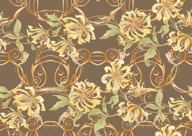 Dekoratif çiçekler ve yapraklar sanat tarzında yeni moda, eski, eski moda. Kusursuz desen, arka plan. Vektör illüstrasyonu.